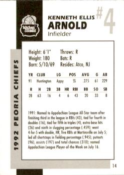 1992 Peoria Chiefs #14 Ken Arnold Back