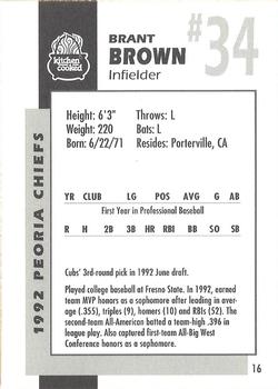 1992 Peoria Chiefs #16 Brant Brown Back