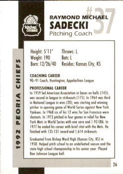 1992 Peoria Chiefs #26 Ray Sadecki Back