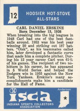 1976 ISCA Hoosier Hot-Stove All-Stars #12 Carl Erskine Back
