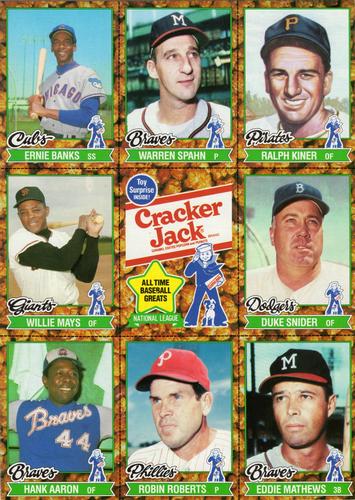 1982 Topps Cracker Jack - Panels #NNO National League (Hank Aaron / Ernie Banks / Ralph Kiner / Eddie Mathews / Willie Mays / Robin Roberts / Duke Snider / Warren Spahn) Front