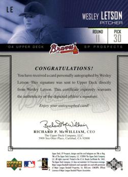 2004 SP Prospects - Autograph Bonus #LE Wesley Letson Back
