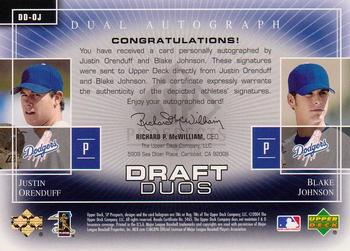 2004 SP Prospects - Draft Duos Dual Autographs #DD-OJ Justin Orenduff / Blake Johnson Back
