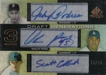 2004 SP Prospects - Draft Generations Triple Autographs #DG-PPE Johnny Podres / Odalis Perez / Scott Elbert Front