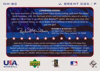 2004 SP Prospects - National Honors USA Jersey #NH-BC J. Brent Cox Back