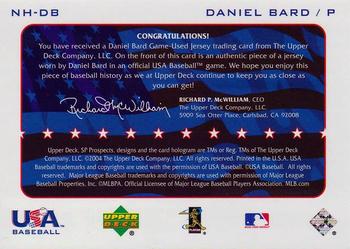 2004 SP Prospects - National Honors USA Jersey #NH-DB Daniel Bard Back