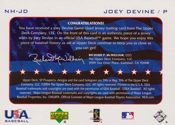 2004 SP Prospects - National Honors USA Jersey #NH-JD Joey Devine Back