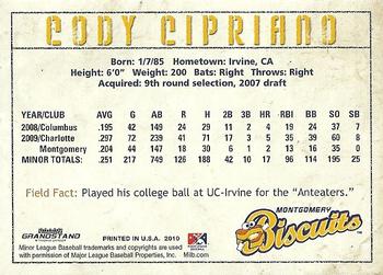 2010 Grandstand Montgomery Biscuits #NNO Cody Cipriano Back