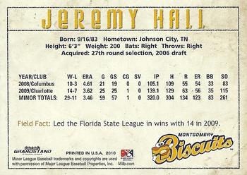 2010 Grandstand Montgomery Biscuits #NNO Jeremy Hall Back