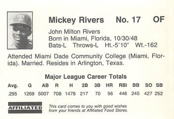 1983 Affiliated Food Stores Texas Rangers #NNO Mickey Rivers Back