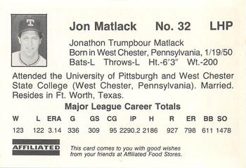 1983 Affiliated Food Stores Texas Rangers #NNO Jon Matlack Back