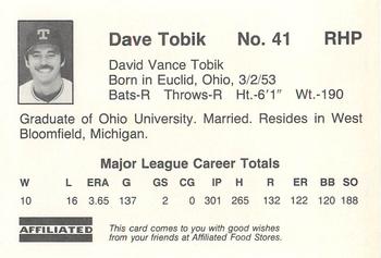 1983 Affiliated Food Stores Texas Rangers #NNO Dave Tobik Back