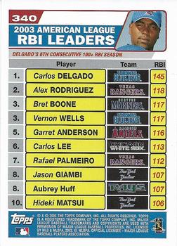 2004 Topps 1st Edition #340 2003 American League Runs Batted In Leaders (Carlos Delgado / Alex Rodriguez / Bret Boone) Back