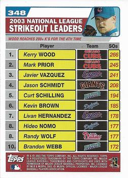 2004 Topps 1st Edition #348 2003 National League Strikeout Leaders (Kerry Wood / Mark Prior / Javier Vazquez) Back