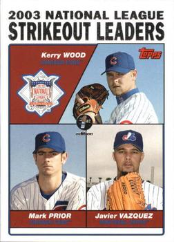 2004 Topps 1st Edition #348 2003 National League Strikeout Leaders (Kerry Wood / Mark Prior / Javier Vazquez) Front