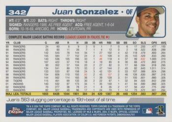 2004 Topps Chrome #342 Juan Gonzalez Back