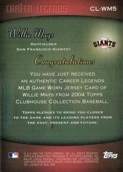 2004 Topps Clubhouse Collection - Career Legends Relics #WM5 Willie Mays Back