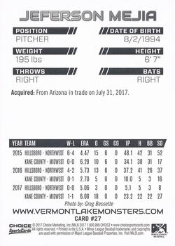 2017 Choice Vermont Lake Monsters #27 Jeferson Mejia Back