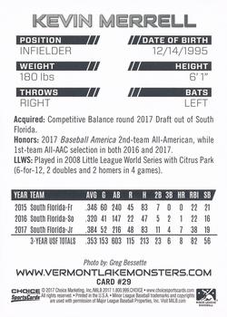 2017 Choice Vermont Lake Monsters #29 Kevin Merrell Back