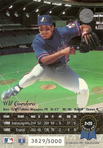 1993 Leaf - Gold Leaf Rookies Jumbo #2 Wil Cordero Back