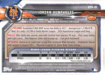 2018 Bowman - Chrome Prospect Autographs #CPA-JH Jordan Humphreys Back