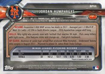 2018 Bowman - Prospects #BP66 Jordan Humphreys Back