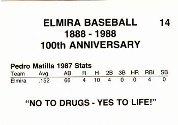 1988 Cain Elmira Pioneers #14 Pedro Matilla Back