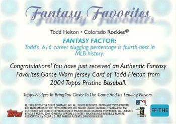 2004 Topps Pristine - Fantasy Favorites Relics #FF-THE Todd Helton Back