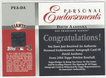 2004 Topps Pristine - Personal Endorsements #PEA-DA David Aardsma Back