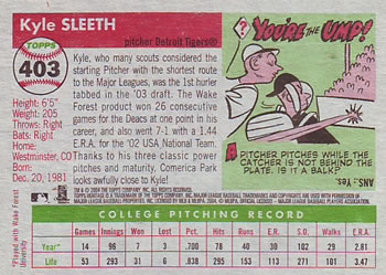 2004 Topps Heritage #403 Kyle Sleeth Back