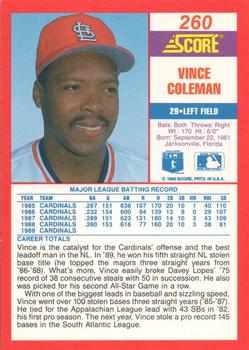 1990 Score - Promos #260 Vince Coleman Back