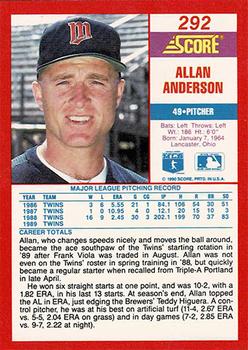 1990 Score - Promos #292 Allan Anderson Back