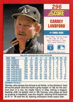 1990 Score - Promos #296 Carney Lansford Back