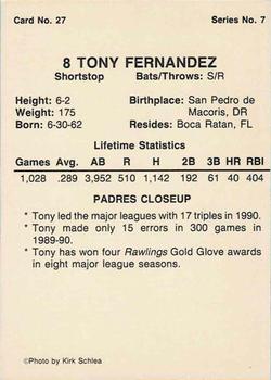 1991 Rally's San Diego Padres Magazine Inserts #27 Tony Fernandez Back
