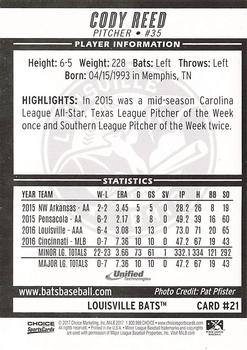 2017 Choice Louisville Bats #21 Cody Reed Back