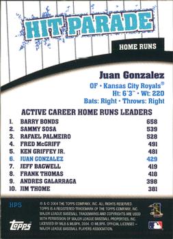 2004 Topps - Hit Parade #HP5 Juan Gonzalez Back