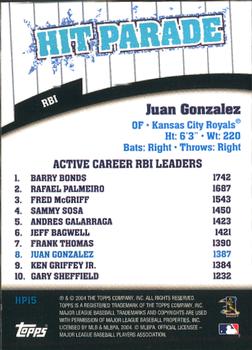 2004 Topps - Hit Parade #HP15 Juan Gonzalez Back