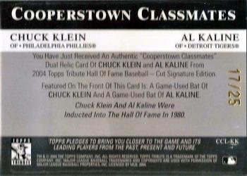 2004 Topps Tribute HOF - Cooperstown Classmates Dual Relics #CCL-KK Chuck Klein / Al Kaline Back