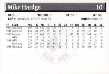 1995 Pawtucket Red Sox #10 Mike Hardge Back