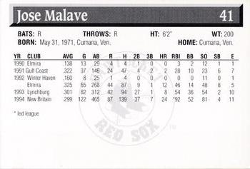 1995 Pawtucket Red Sox #41 Jose Malave Back