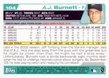 2004 Topps Opening Day #104 A.J. Burnett Back