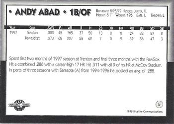 1998 Blueline Q-Cards Pawtucket Red Sox #5 Andy Abad Back