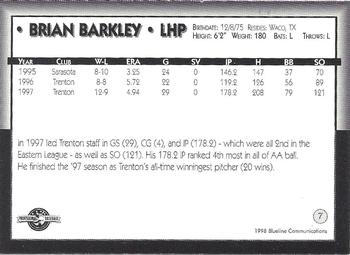 1998 Blueline Q-Cards Pawtucket Red Sox #7 Brian Barkley Back