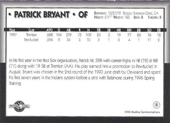 1998 Blueline Q-Cards Pawtucket Red Sox #8 Patrick Bryant Back