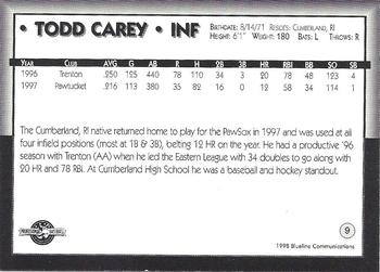 1998 Blueline Q-Cards Pawtucket Red Sox #9 Todd Carey Back