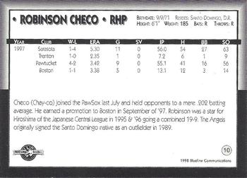 1998 Blueline Q-Cards Pawtucket Red Sox #10 Robinson Checo Back