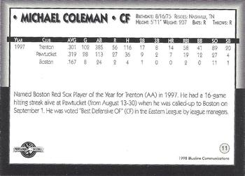 1998 Blueline Q-Cards Pawtucket Red Sox #11 Michael Coleman Back