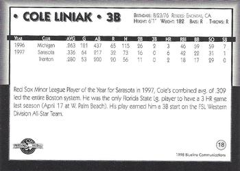 1998 Blueline Q-Cards Pawtucket Red Sox #18 Cole Liniak Back