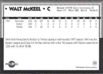 1998 Blueline Q-Cards Pawtucket Red Sox #20 Walt McKeel Back