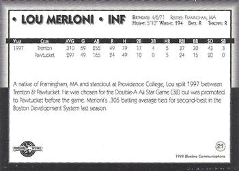 1998 Blueline Q-Cards Pawtucket Red Sox #21 Lou Merloni Back